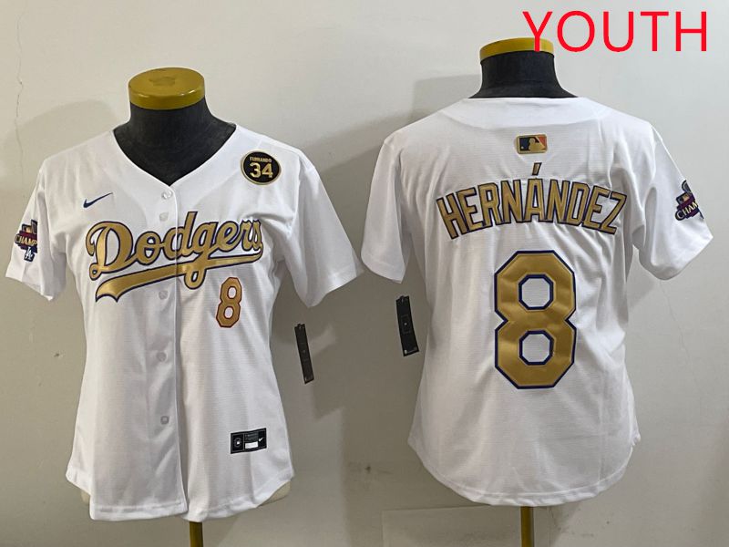 Youth Los Angeles Dodgers #8 Hernandez White Gold Game Nike 2025 MLB Jersey style 4292